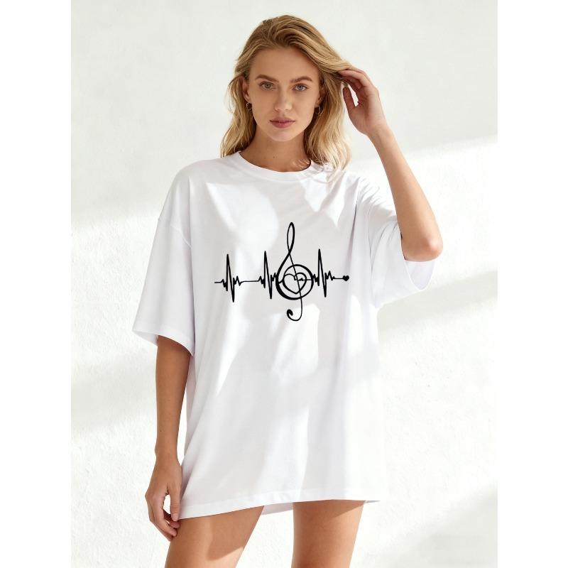 Oversized T Shirt Black Music Note Heartbeat Print Casual Streetwear For Women