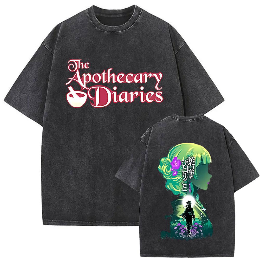 Gewaschenes Vintage Japanischer Anime The Apothecary Diaries Maomao Doppelseitiger Druck T-Shirt Herren Damen Freizeit Kawaii Lustige T-Shirts