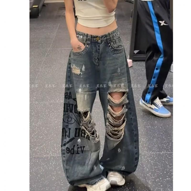 Pánské Streetwear Džínové Kalhoty s Dírami a Opotřebením Volný Střih Hip Hop Široké Nohavice Modrá Bavlna