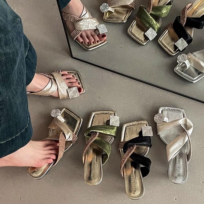 Cross-strap women's square head slippers outer wear summer new Internet celebrities popular temperament versatile open-toed high-heeled cool slippers