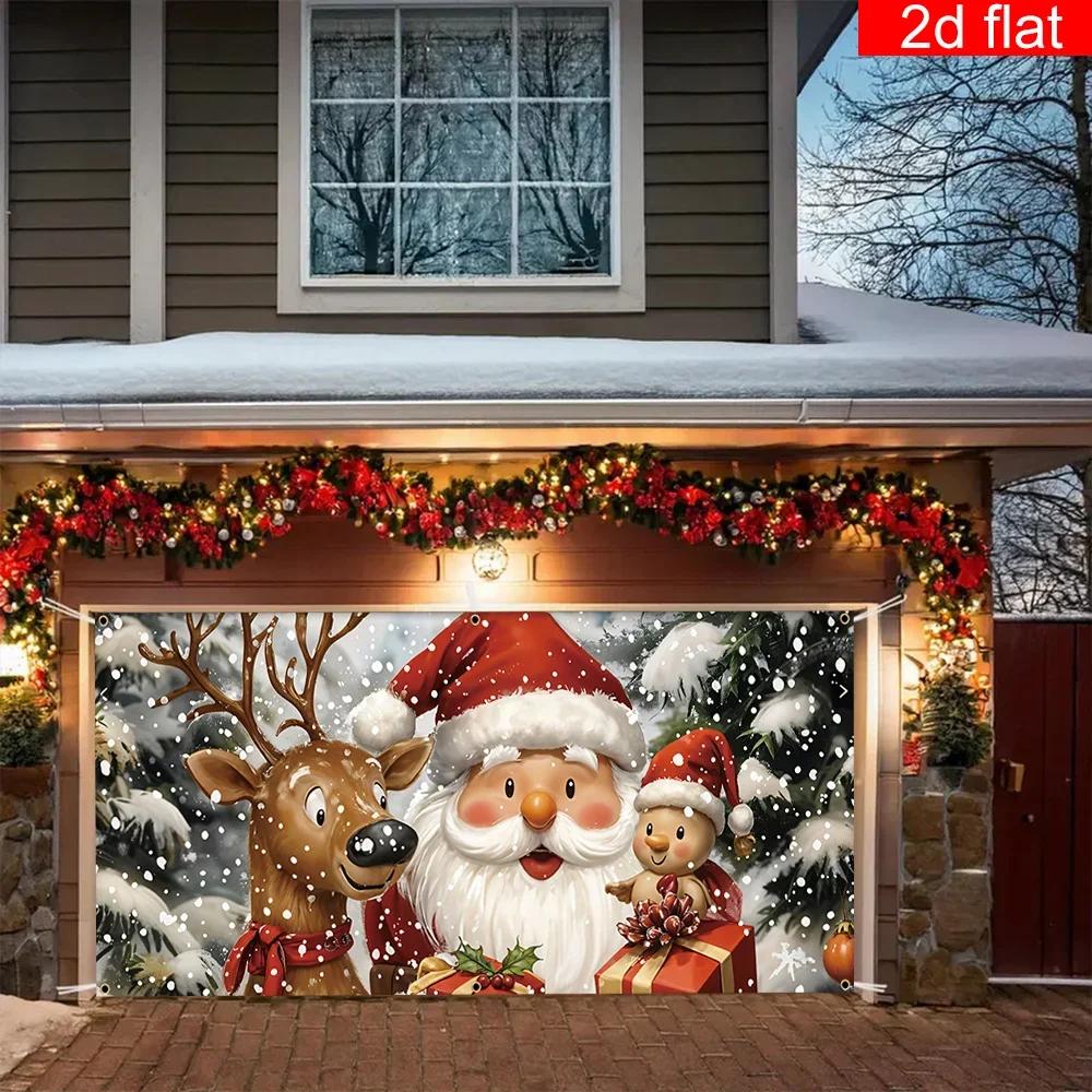 2D door banner 1 Christmas-themed garage door banner polyester cartoon Santa reindeer snowflake background