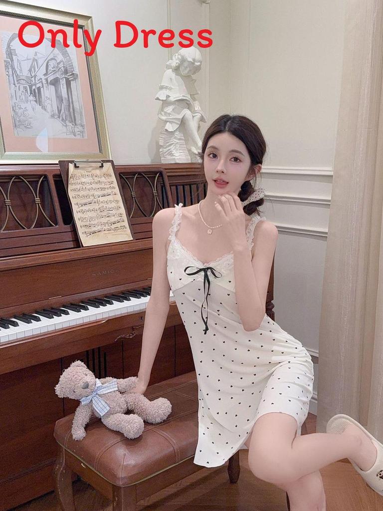 Ice Silk Sleep Dress For Women With Vneck Sleeveless Cute Heart Pattern Summer Nightwear