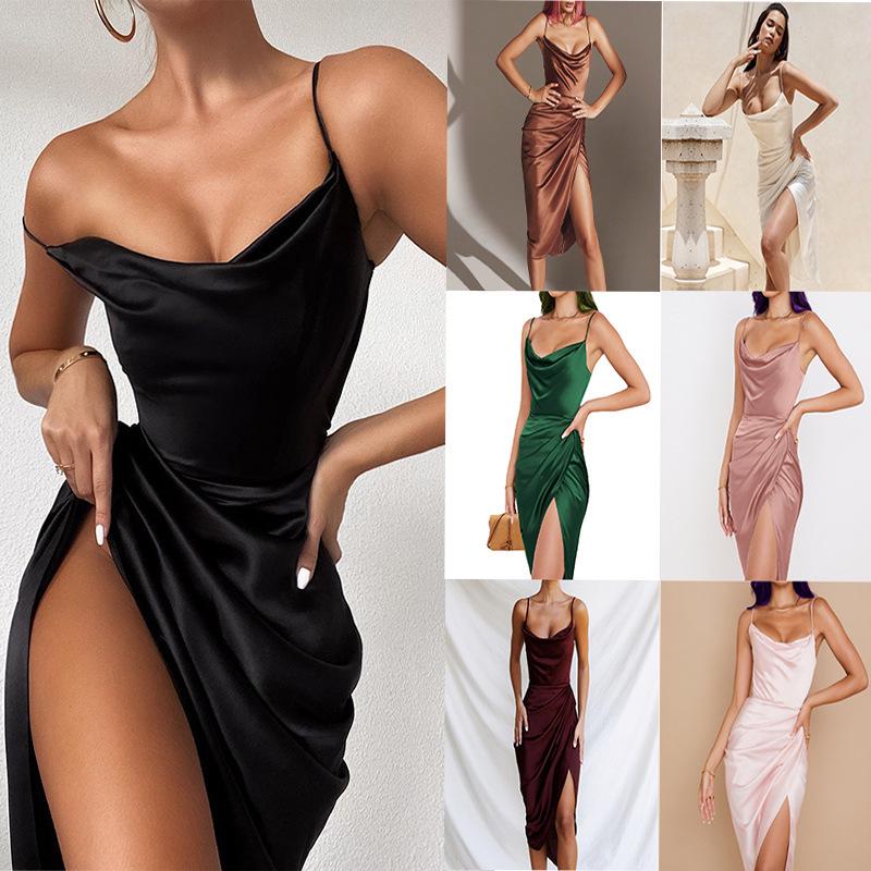 Abito Slimming Sottile Satinato Chic Europeo e Americano 2025 con Spallina Sexy