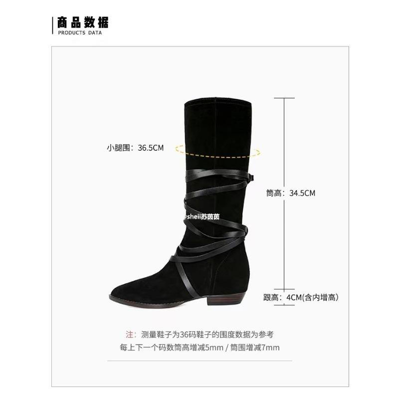 Sheepskin~ Leather Pointed Pile Boots Women's Western Cowboy Boots Vintage Strap Mid-Tall Knight Boots