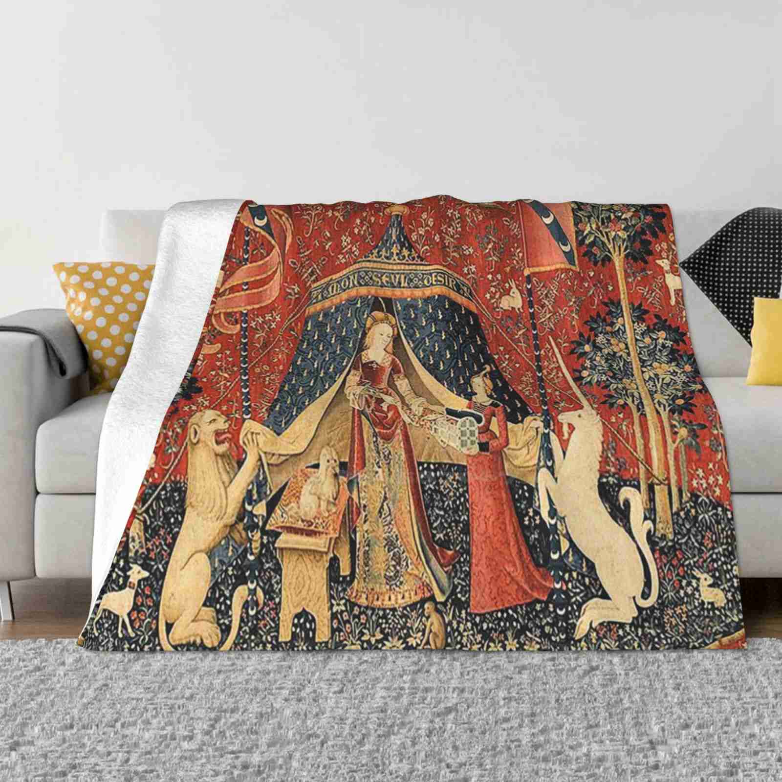 

The Lady And The Unicorn : La Dame À La Licorne Fashion Soft Warm Flannel Blanket Fantasy Magic Black Floral Mythological Horse 30x40in