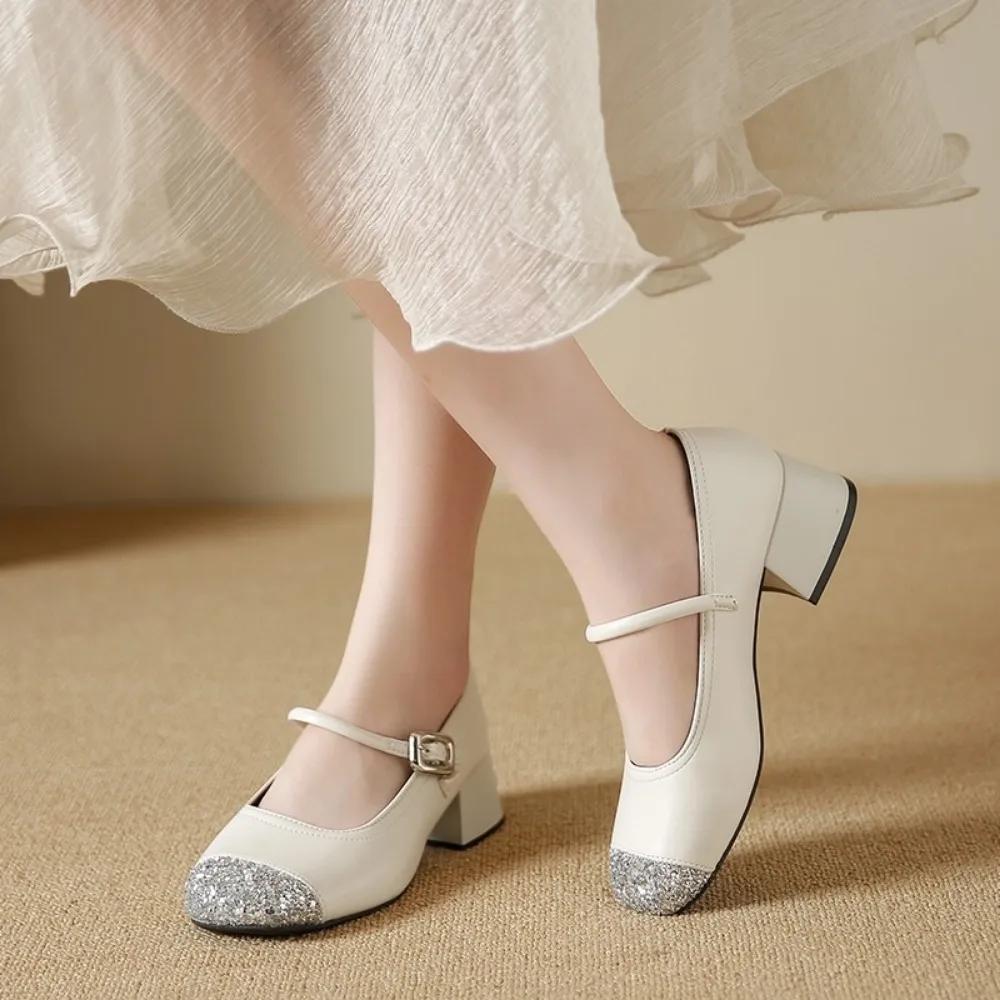 Fashion Spring Autumn Fashion Platform Sequin Buckle Women Mary Jane Shoes Designer New Leather Soft Sole Casual Ladies High Heels