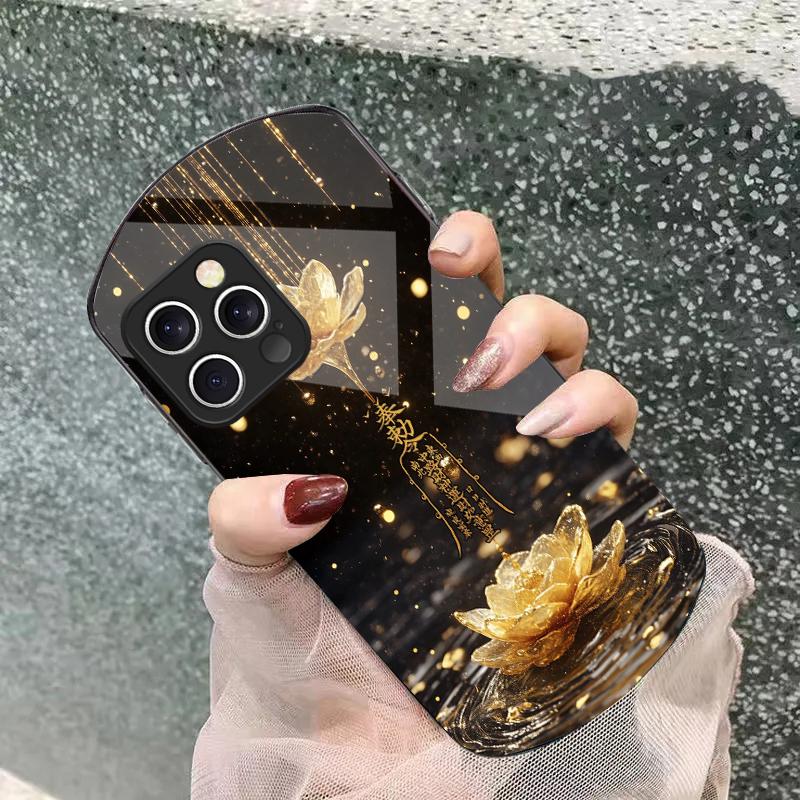 Golden Lotus Powder For IPhone 16 Pro Max 11 12 Mini 13 14 P Lus 15 Plus 7 8 Se 2020 X Xs Elliptical Tempered Glass Phone Case