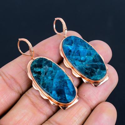 Blue Neon Apatite Gemstone Handmade Copper Gorgeous Earring For Wedding Gift