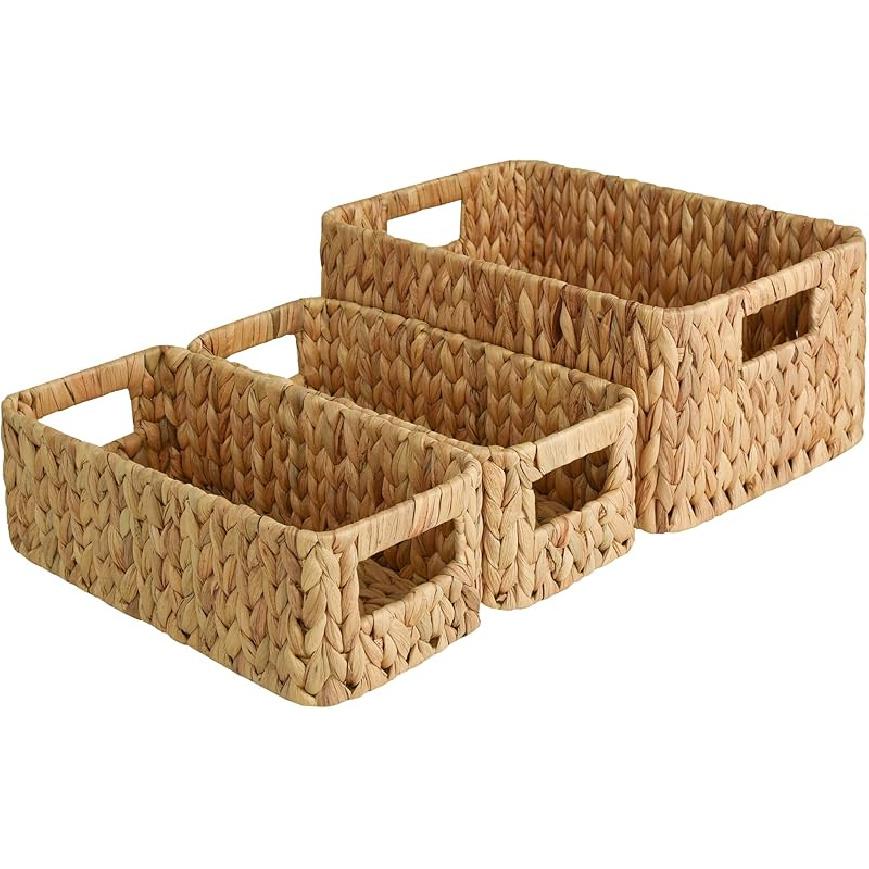 StorageWorks Wicker Storage Baskets for Shelves, Water Hyacinth Storage Baskets for Organizing, Wicker Basket for Bathroom Set of 3 (1PC Large, 2PCS