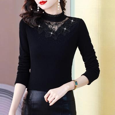 Bottom Shirt Women's Long-sleeved T-shirt Winter Clothing New Design Sense Fleece Thickened Stand-up Collar Pullover