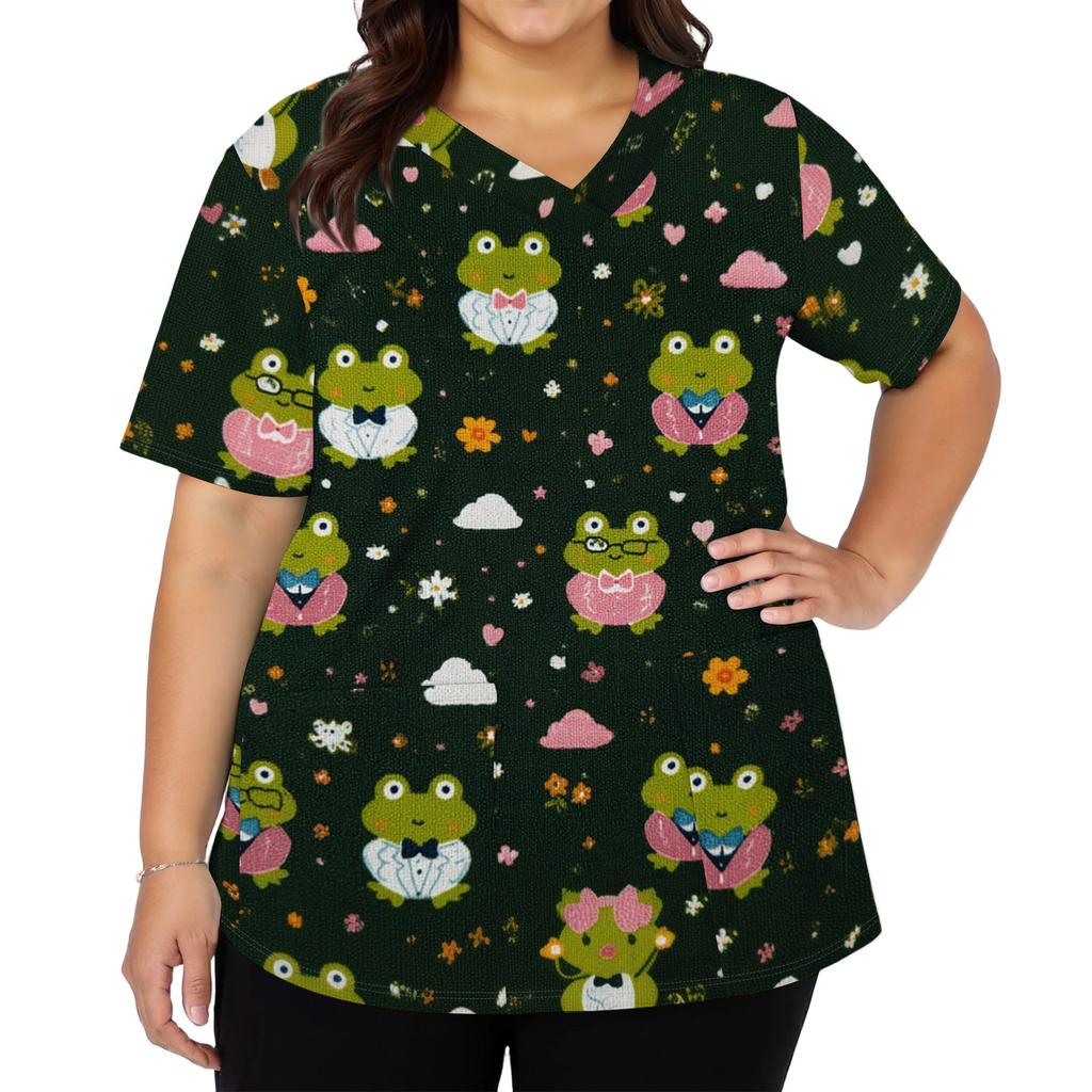 Camicia da Lavoro da Donna con Scollo a V e Maniche Corte con Tasche Stampa Cartone Animato Top da Medico per Professionisti Sanitari Vestibilità Comoda Tessuto Resistente