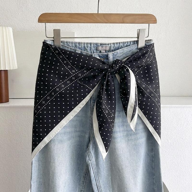 White Floral Small Silk Scarf Triangle Scarf Headscarf Belt Women's Decoration with Skirt Jeans Waist Accessories Fart Curtain