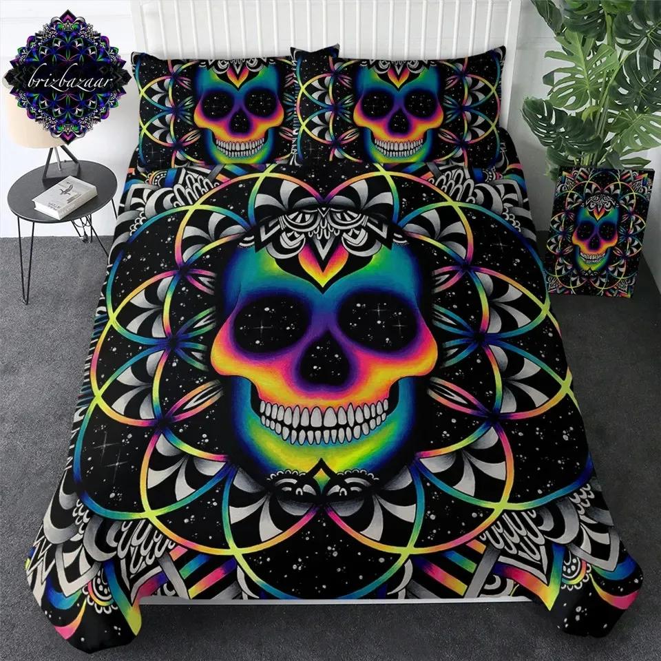 

3D Printed Floral Skull Duvet Cover Set Mandala and Sugar Skull Bedding Sets Skeleton Bones Roses Floral Quilt Cover King Size 135x200cm