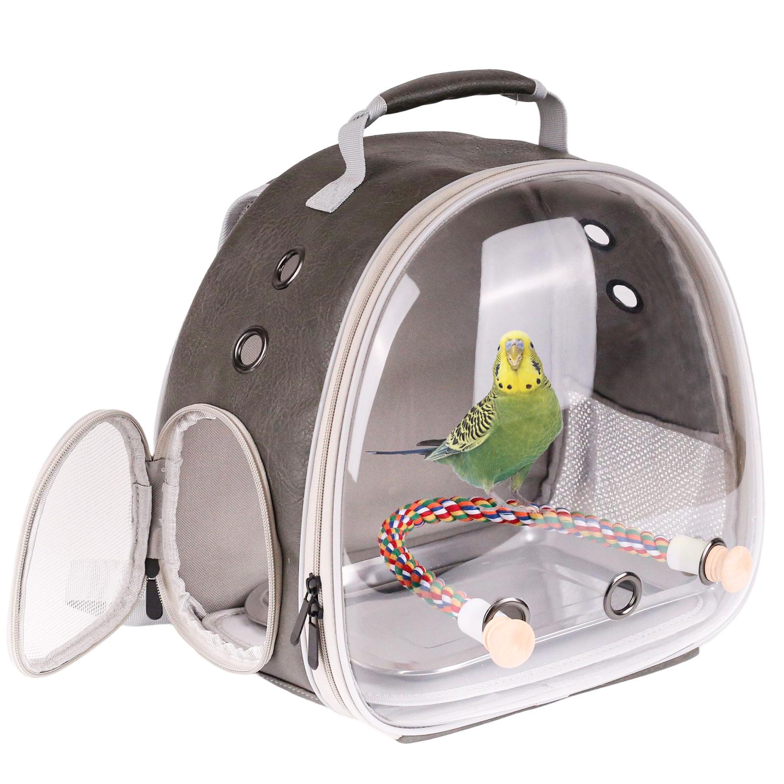 

Прозрачная кожаная переноска для птиц с кормушкой - Дышащая, Портативная сумка через плечо для путешествий с птицами Gray + Tray серый