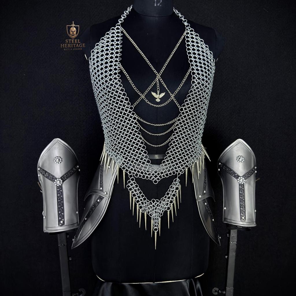 Medieval Fantasy Warrior Costume with Chainmail Top and Bracers for LARP Cosplay Renaissance Faire