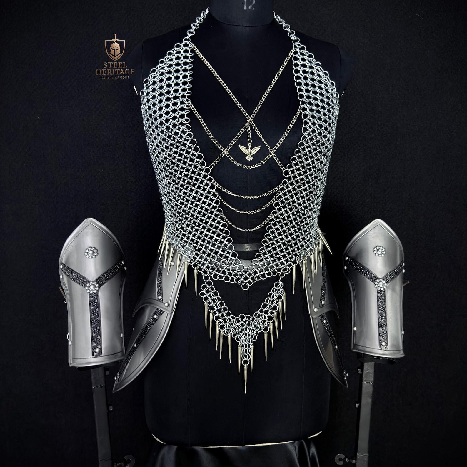 Medieval Fantasy Warrior Costume with Chainmail Top and Bracers for LARP Cosplay Renaissance Faire