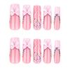 24Pcs Long French Tip Press On Nails, 3D Pink Bow Rhinestone Stick-on Nails for Women, Removable Full Cover Glue On Fake