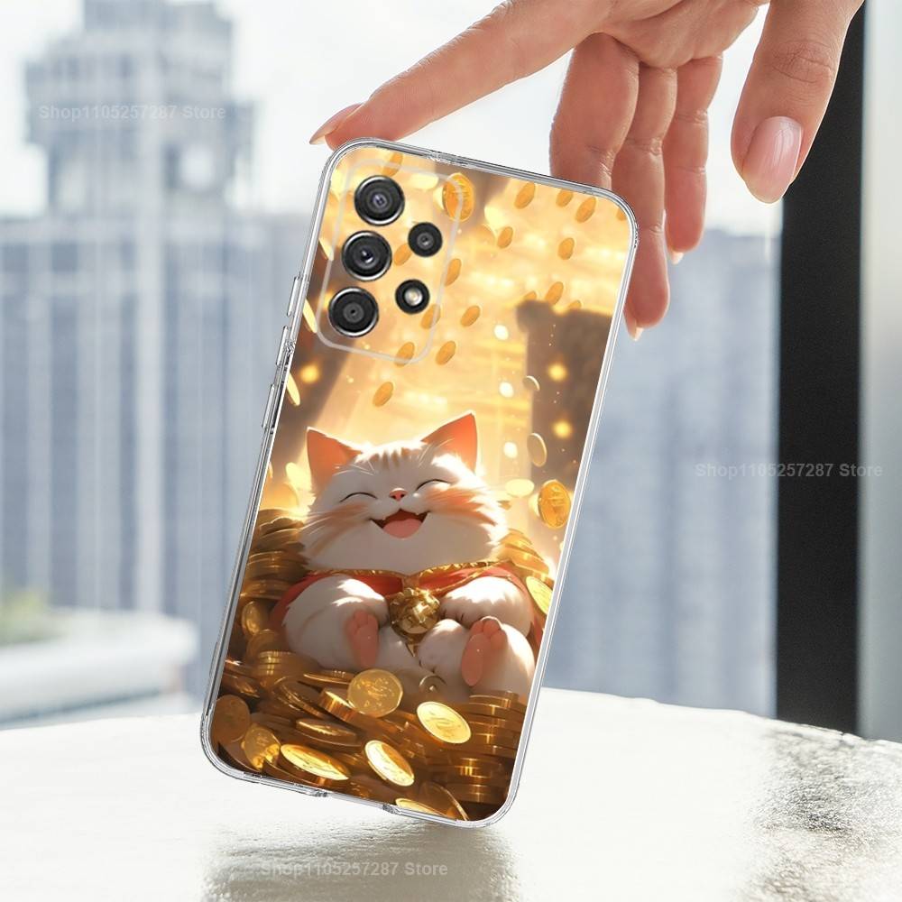 Cartoon Lucky Cat Cute Art Phone Case For Samsung A51,71,30,S21,10,20,Ultra,FE,Lite, S22,23,9,PIus,Transparent, Silicone