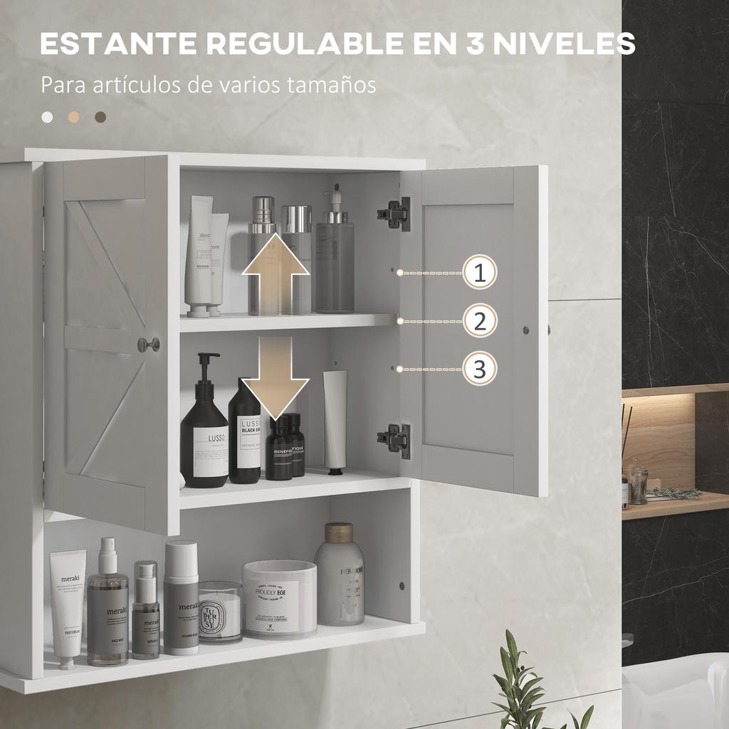 Wall-Mounted Bathroom Cabinet Rustic Hanging Bathroom Furniture with Compartment Adjustable Shelf 2 Doors White
