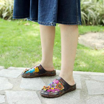 Hausschuhe Damenschuhe Echtes Leder handbemalte Außenrutschen handgemachte flache Blumensandalen