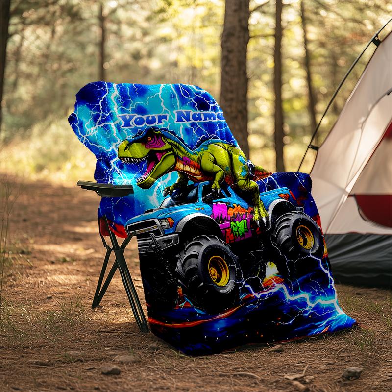 1PC Custom Name Dinosaur Monster Truck Adventure outdooor Flannel blankets Patterns Throw Blanket All-Season Soft Gift for Couch, Bed, Camping gifts