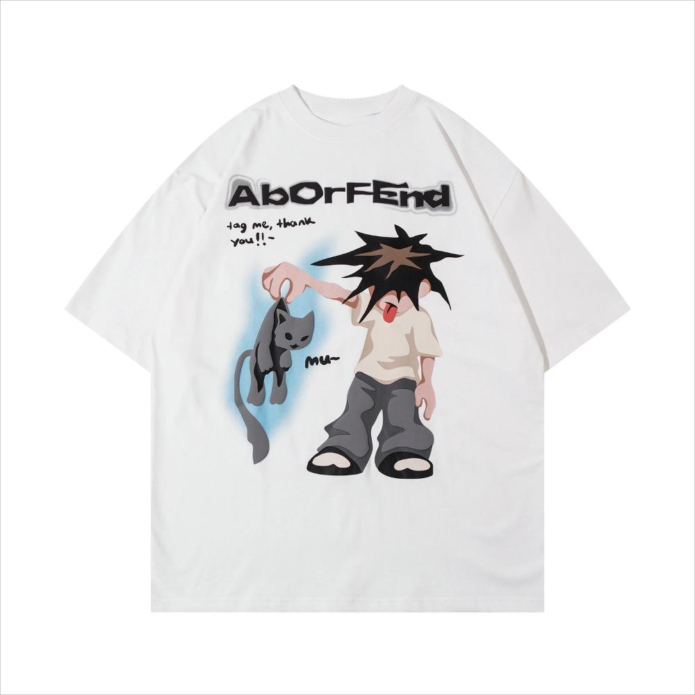 Summer Men's and Women's Cat Letter Print Cotton High Quality Street Fashion Brand Fun Short Sleeve T-shirt