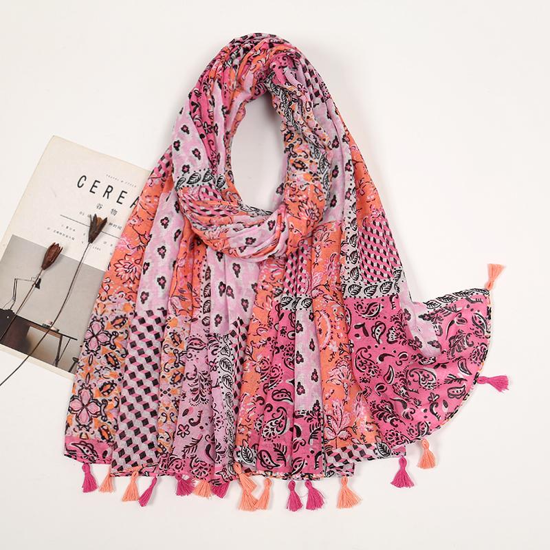 New Printed Soft Linen Cotton Scarf Shawls Women Muslim Hijabs Premium Foulard Femme Long Fresh Floral Tassel Scarves Echarpe