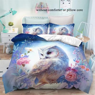Parure de lit trois pièces avec imprimé numérique 3D hibou, housse de couette respirante et douce pour la peau, idéale pour les dortoirs.
