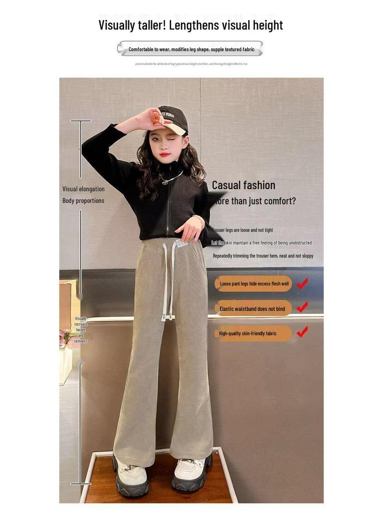 Girls' Black Plus Velvet Straight-Leg Sweatpants - New Autumn/Winter 2025 for Junior High Students