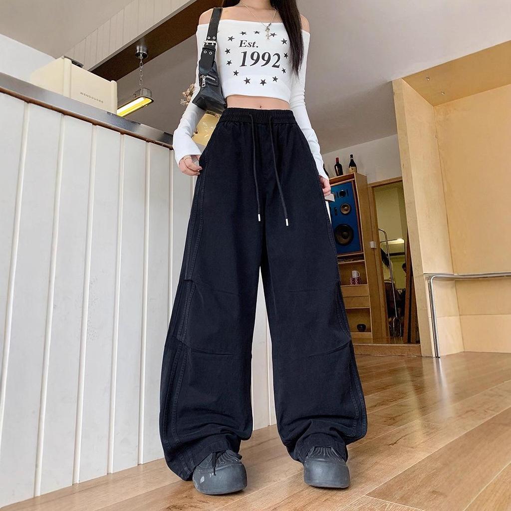 Plus Size Women's Pleated Wide-Leg Cargo Pants: Autumn Casual, Floor-Length Trousers