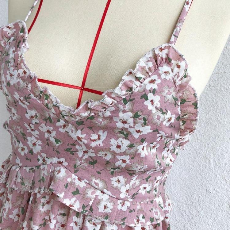 Blumendruck Damen Spaghetti-Träger A-Linien-Kleid Ärmellos Hohe Taille Über Knie Sommer Frühling S-XL