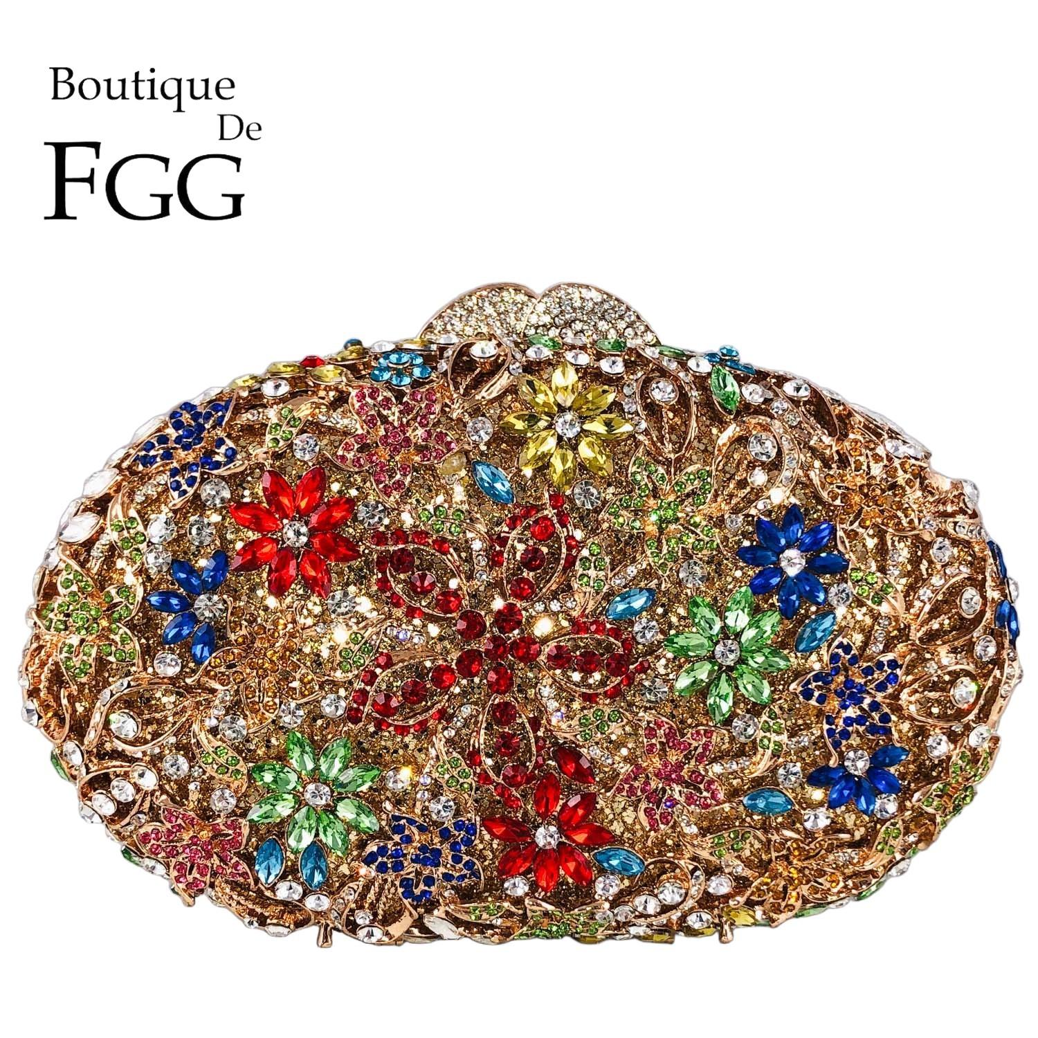 

Boutique De FGG Colorful Gold Women Crystal Clutch Purse Flower Evening Bags Wedding Party Mianudiere Clutch Handbags and Purses Mini Clutch
