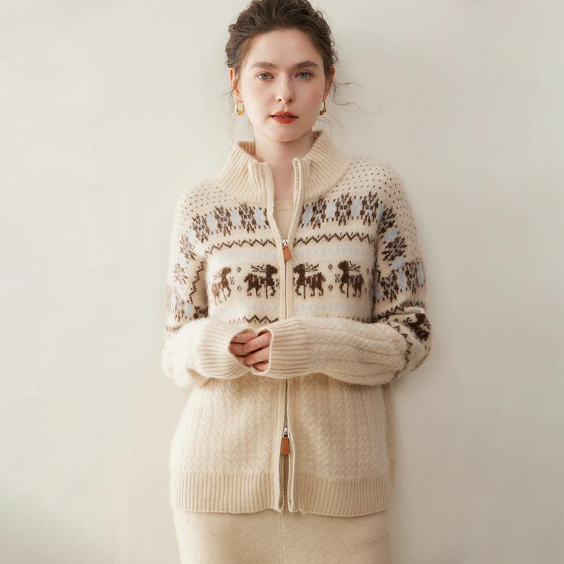 Cárdigan de cachemir con cremallera y jacquard para mujer Otoño/Invierno 2026 con cuello semi-alto