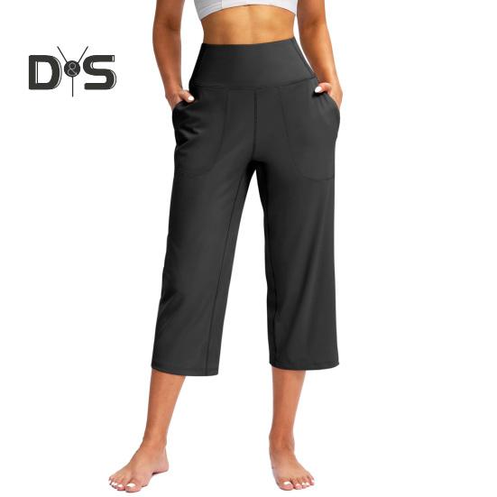 Pantaloni de Yoga pentru Femei Elastici cu Talie Înaltă, cu Picior Larg, Pantaloni Crop cu Buzunare, Pantaloni Stil Sportiv Casual