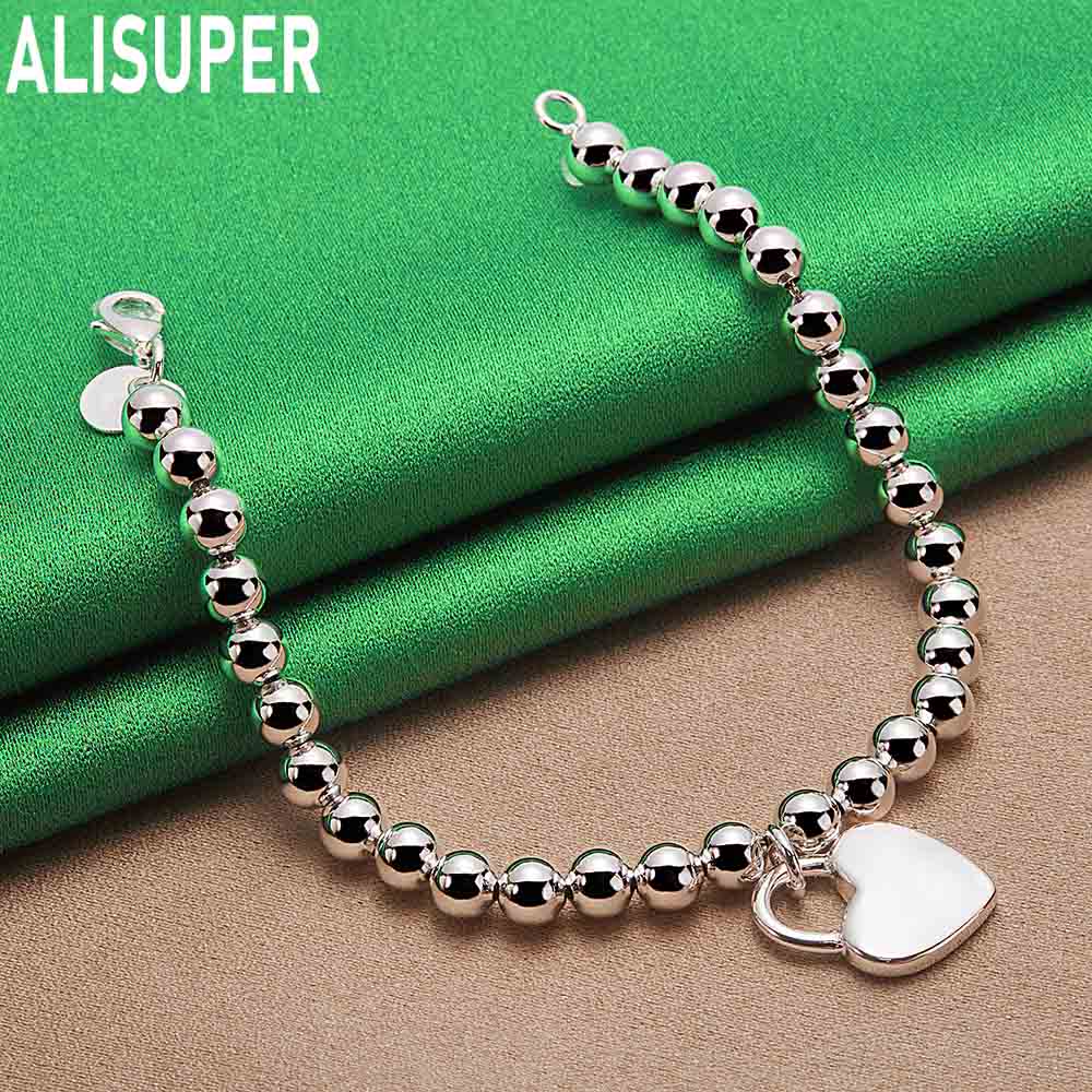 925 Sterling Silver 6mm Side Chain Heart Pendant Bracelet Gift Jewelry