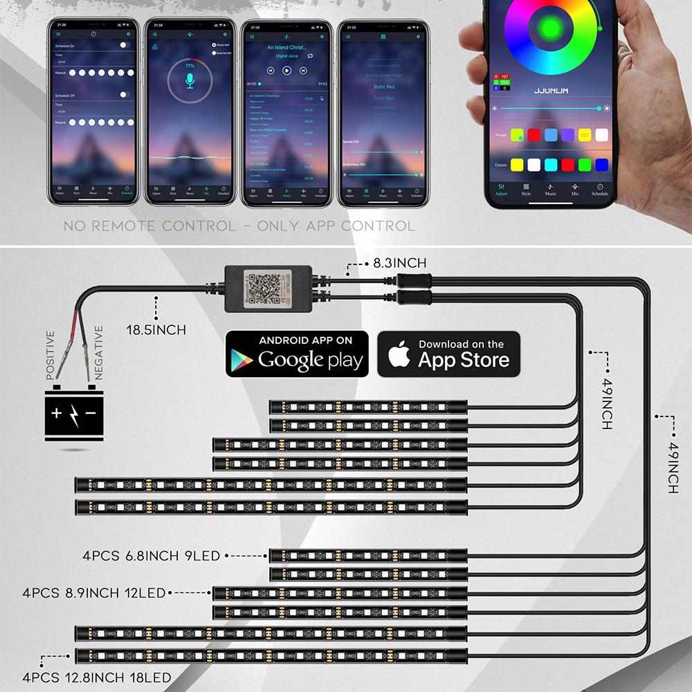 RGB LED Atmosphere Ambient Light Kit APP Music Control Flexible Waterproof Neon Strip For Car Motorcycle Decorative Lamp 12V