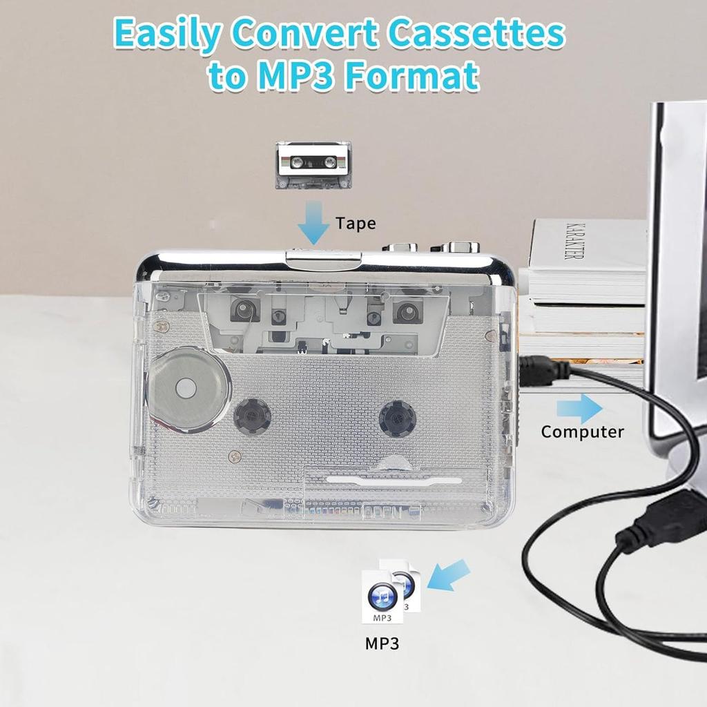 Elprico Portable Cassette USB C Tape to MP3 Auto Rewind Noise Cancelling Stereo Sound for Laptop Player, Converter, & Headphones, PC,