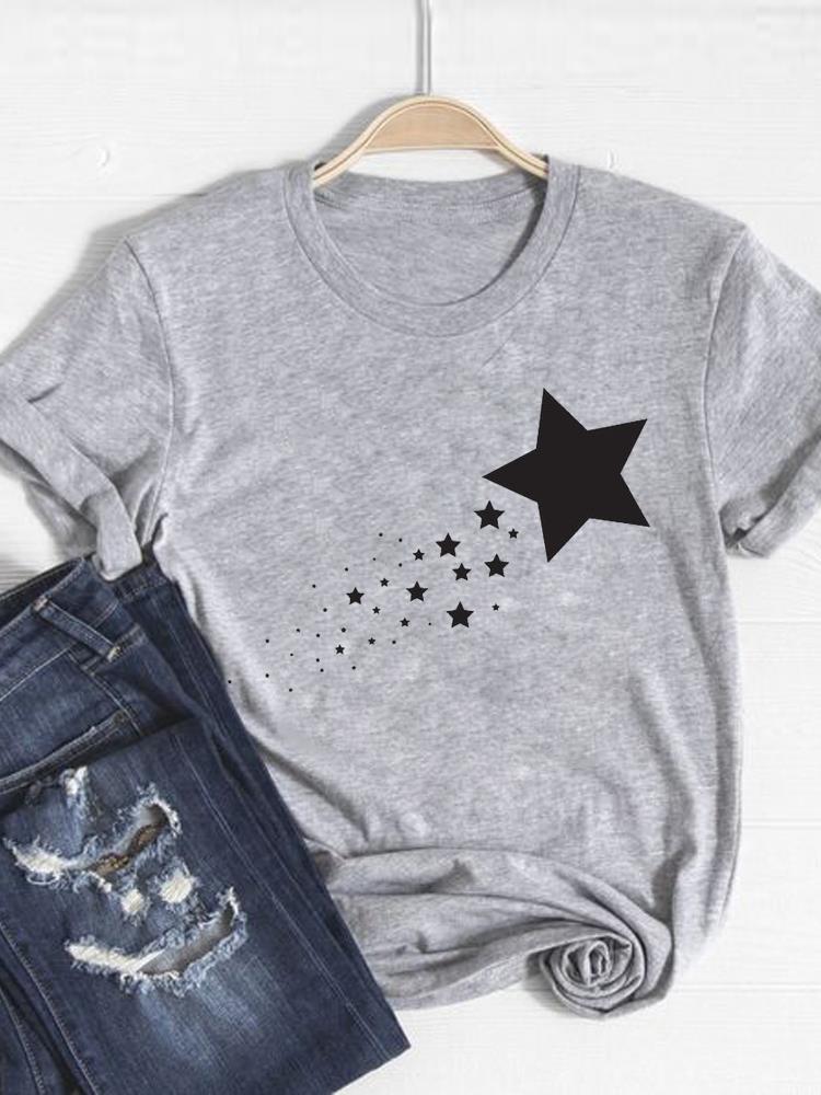 Print T Shirt Short Sleeve Flower Vintage Cute S Summer Top Fashion Clothes Women Clothing Gray Basic Tee Graphic Tshirt