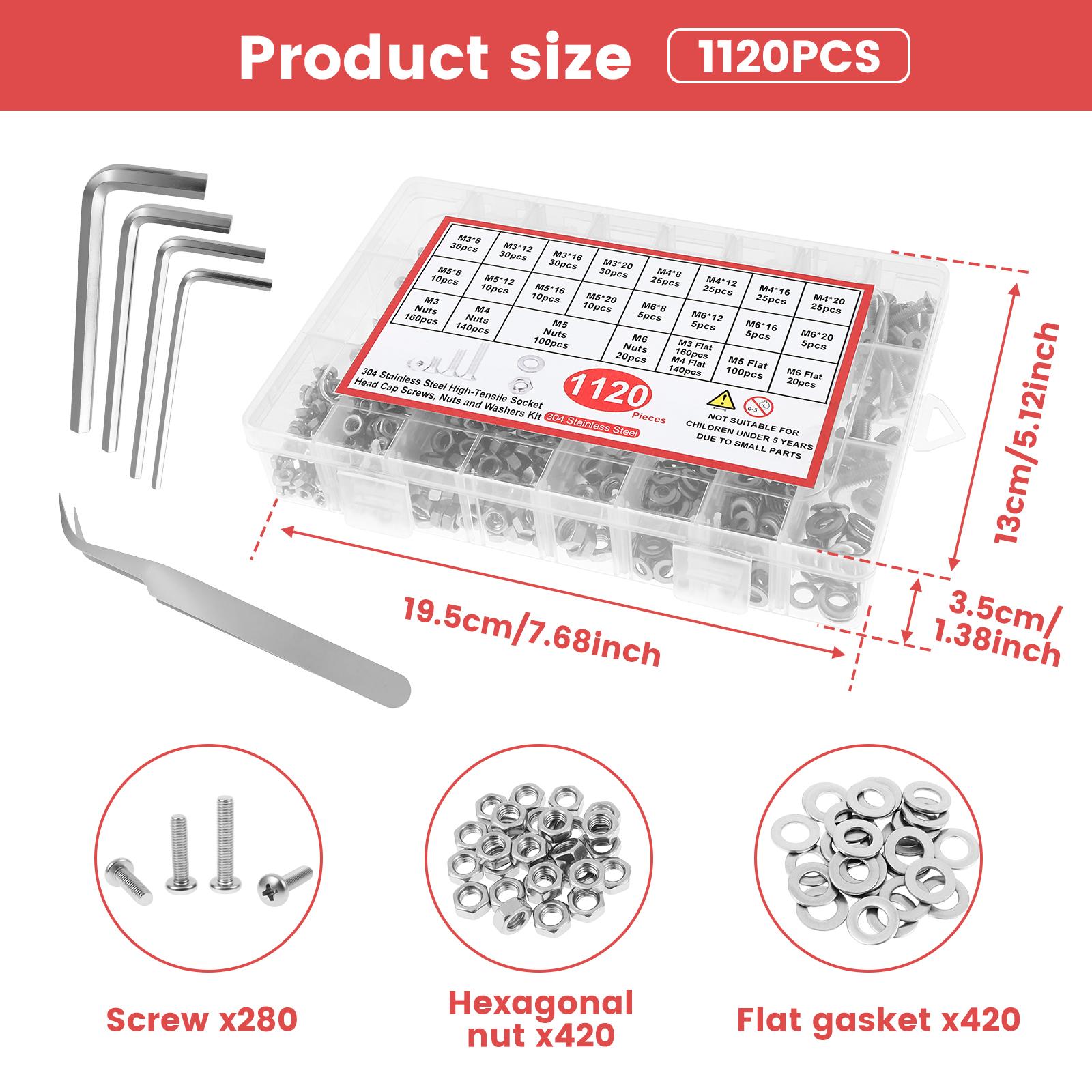 

Набор винтов с потайной головкой и шестигранным углублением M3 M4 M5 M6, 1120 шт., с кейсом для хранения, ассортимент винтов, гаек и шайб из нержавеющей стали для дома