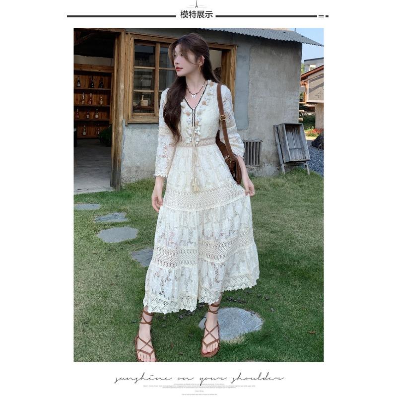 

Богемная Кружевная Вязаная Крючком Юбка-Платье Абрикосового Цвета с Кисточками, Супер Сказочная, Длинная, Для Отпуска, С Высокой Талией, Приталенная, С Расклешенными Рукавами S абрикосовый