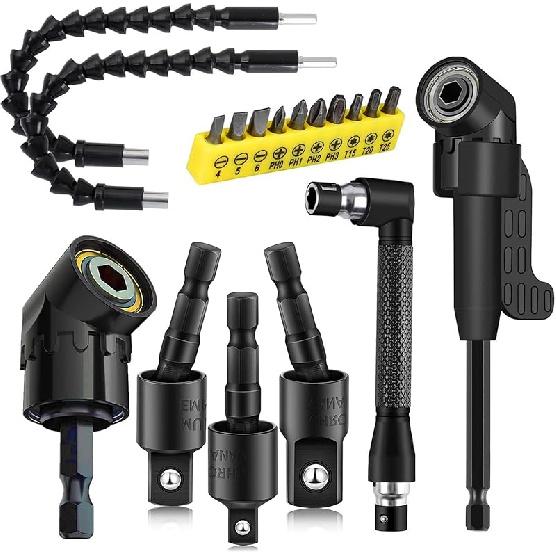 Impact Grade Power Hand Tools Driver Sockets Adapter Extension Set, 3Pcs 1/4 3/8 1/2" Hex Shank Drill Nut Driver Bit Set + 105 Degree Right Angle