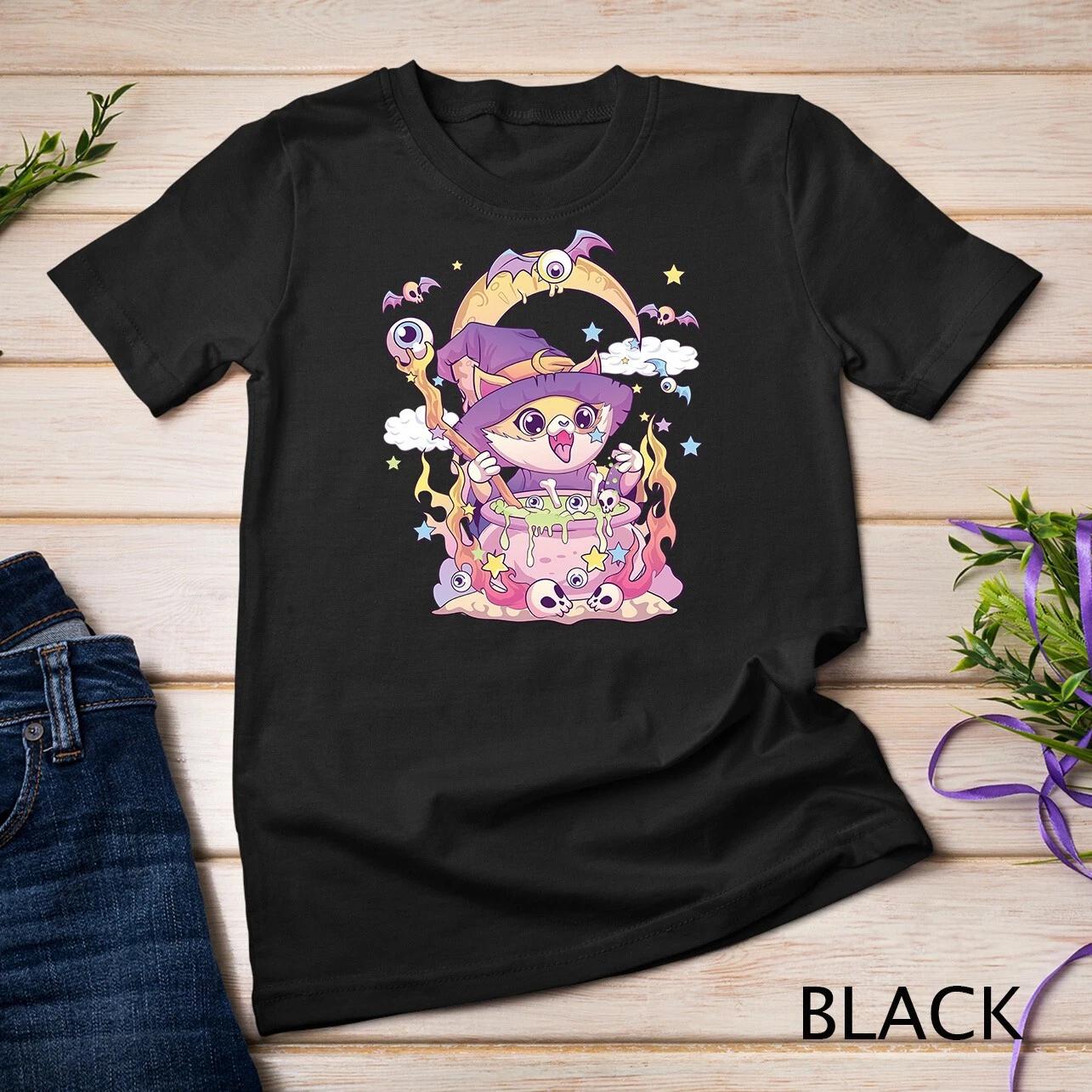 Pastel Goth Wiccan Cat Cute Creepy Witchy Cat and Skull Unisex T-shirt 1 M