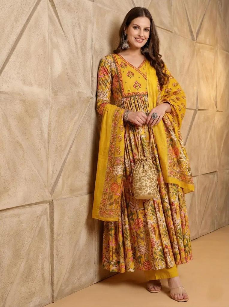 Women Designer Pure Cotton Kurti Pant Dupatta Set Indian Bollywood Anarkali Salwar Suit