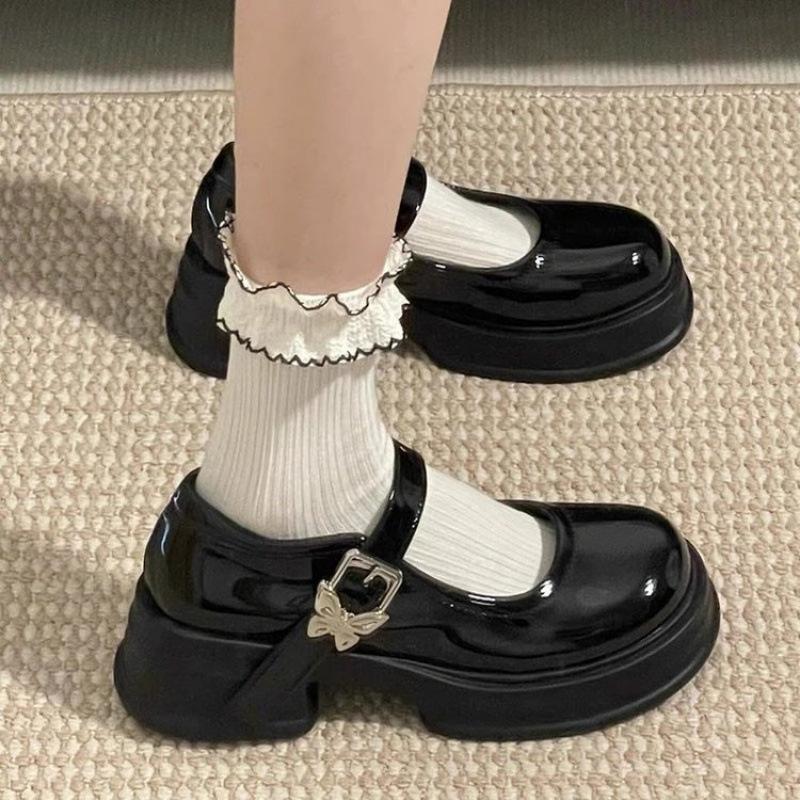 Franske Mary Jane-sko med høye hæler for kvinner, Retro, Enspennelukning, Allsidig sløyfe, Tykksålede, Chunky-hælede skinnsko