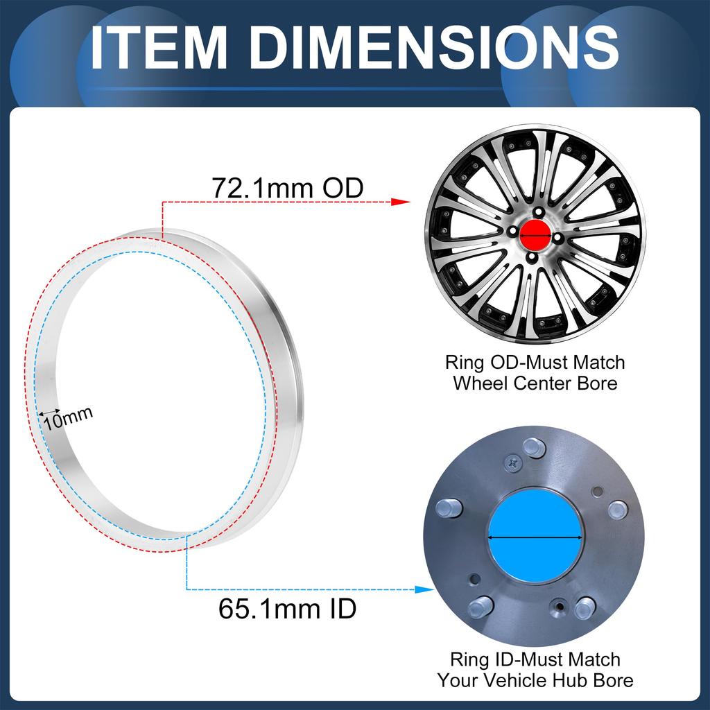 INFINAUTO Wheel Hub Centric Ring OD 72.1mm To ID 65.1mm Wheel Center Shaft Shock Absorption Hub Ring Aluminum Alloy Silver Tone Durable
