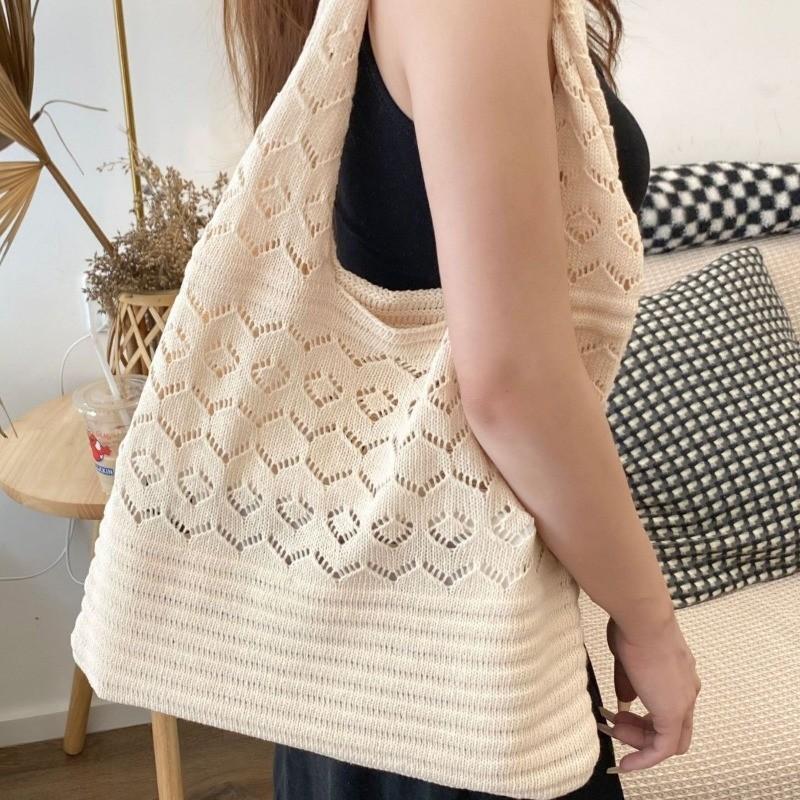 New Women s Retro Mesh Hollow Knitted Bag Handmade Woven Large Capacity Shoulder Tote for Daily Shopping and Beach 880₽