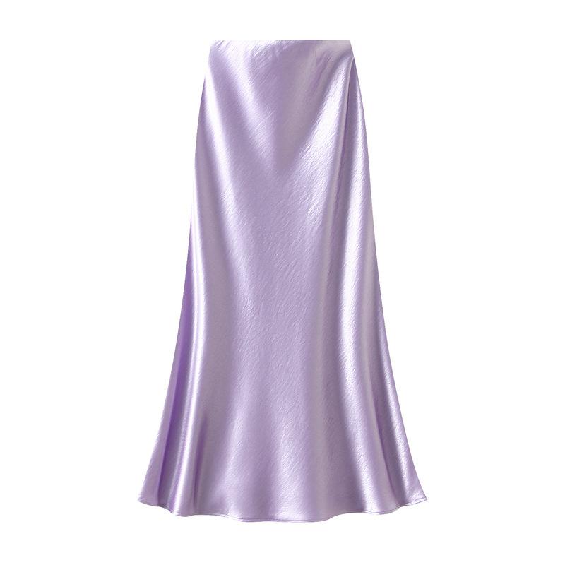 Qooth Elegant Women Satin Fishtail Skirt Maxi Length Bodycon Slim Elastic Waist Skirt QT2762