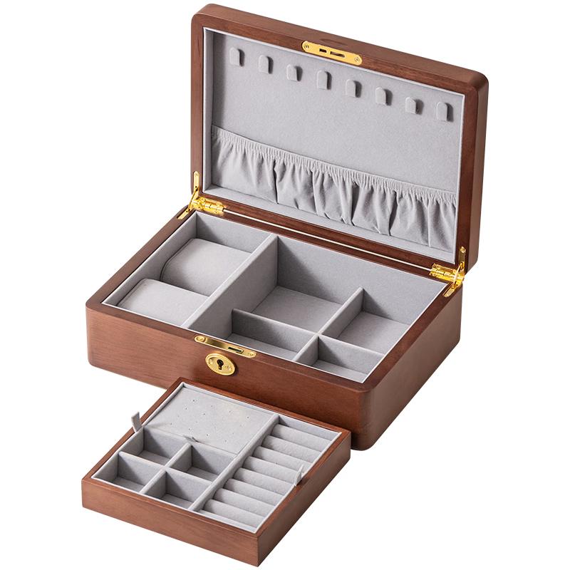 Elegant Solid Wood Double-Layer Jewelry Box with Lock