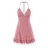 Summer Plaid V-Neck Lace Trim Halterneck Camisole Dress - Waist-Cinching Slim A-Line Skirt