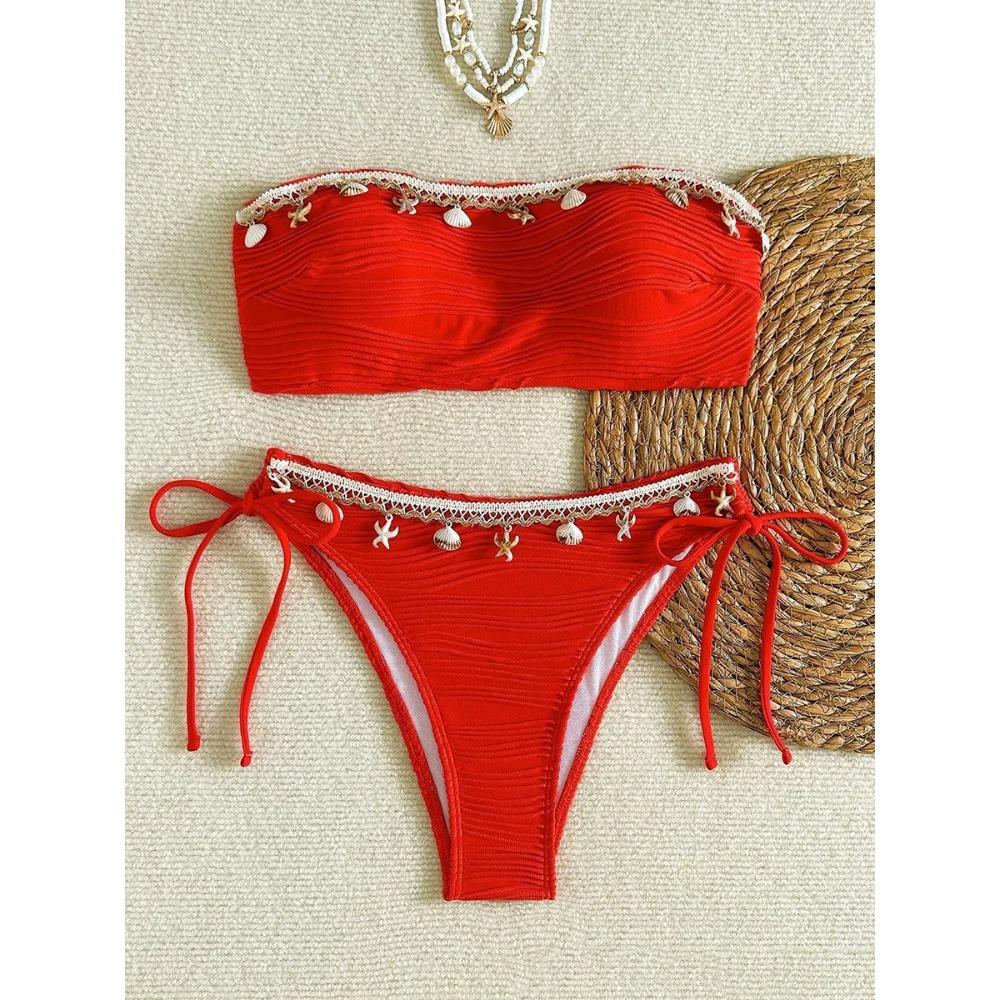 XS - XL Bandeau Wrinkled High Cut Bikini Women Swimwear Female Swimsuit Two-pieces Bikini Set Shell Bather Bathing Suit Swim